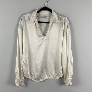 Raquel Allegra Satin Popover Blouse Size 3 L Ivory Collared V Long Sleeve Rayon